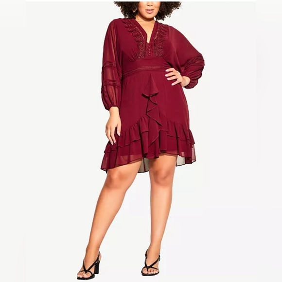 City Chic Dresses & Skirts - City Chic Burgundy Long Sleeve Ruffle Dress